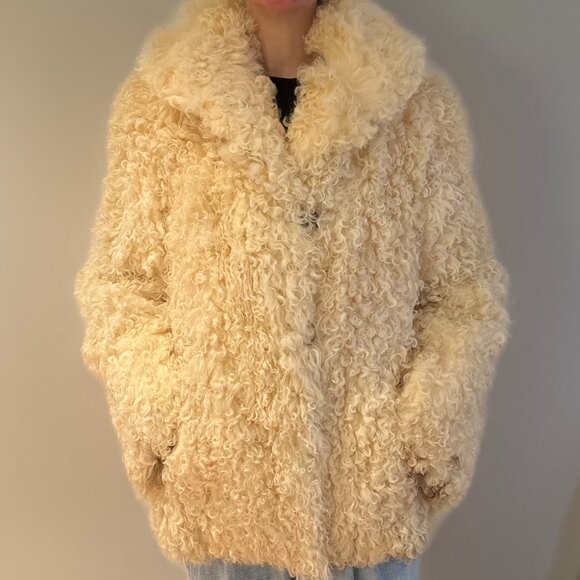 Vintage Persian Curly Geunuine Lamb Fur Coat White Cream Spotted Jacket S/M - Picture 7 of 8